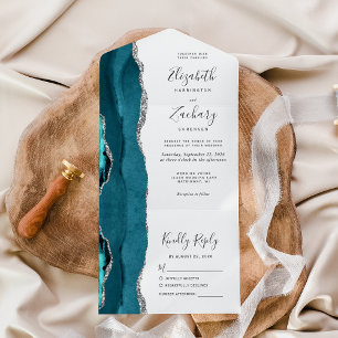 Moderne Türkisblaue Silber-Achat-Hochzeit All In One Einladung