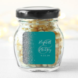 Moderne Türkisblaue Silber Glitter-Ecken-Hochzeit Quadratischer Aufkleber