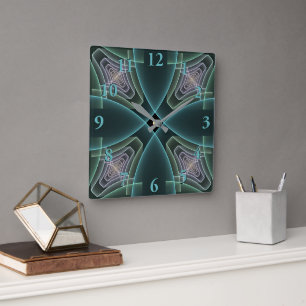 Moderne Türkisfarbene Geometrische Fractal-Kunst G Quadratische Wanduhr