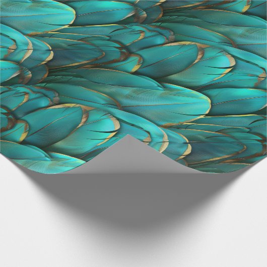 Moderne türkisfarbene goldene Federn Muster Geschenkpapier (Ecke)
