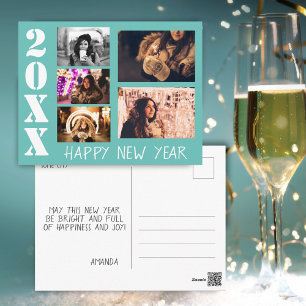 Moderne türkisfarbene Happy New Year 5 FotoCollage Postkarte