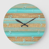 Moderne türkisfarbene Imitate Gold Glitzer Streife Große Wanduhr (Vorderseite)