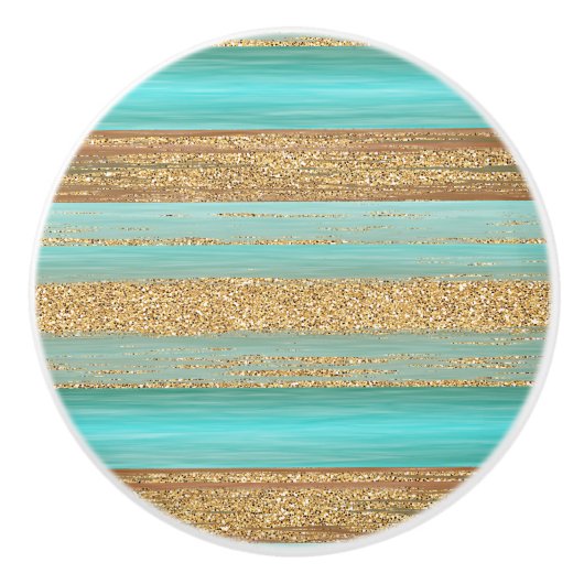 Moderne türkisfarbene Imitate Gold Glitzer Streife Keramikknauf (Vorderseite)