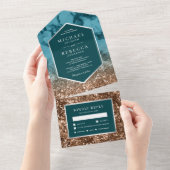 Moderne türkisfarbene Marmorbronze Glitzer Hochzei All In One Einladung (Abreißen)