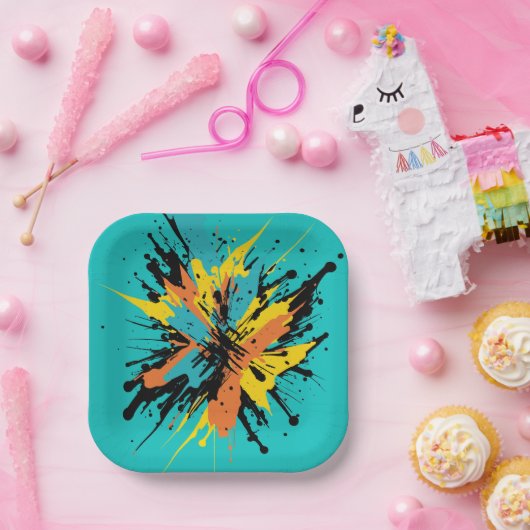 Moderne türkisfarbene Paintball-Spritzer Pappteller (Party)