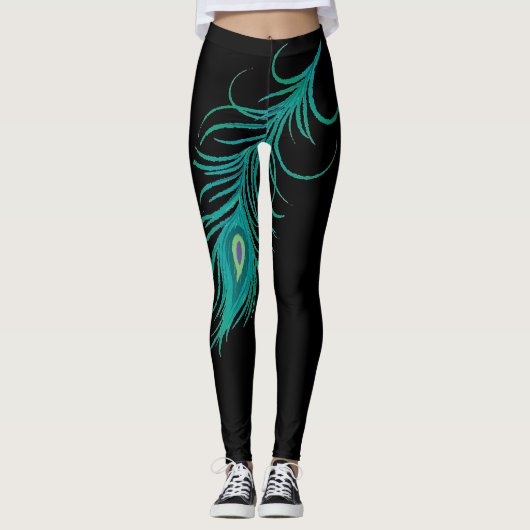 Moderne türkisfarbene Pfauenfedern Schwarze Leggin Leggings (Vorderseite)