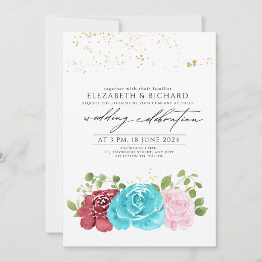 Moderne türkisfarbene Rote Blüte Hochzeit Einladung (Vorderseite)