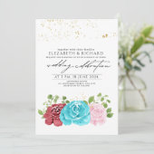 Moderne türkisfarbene Rote Blüte Hochzeit Einladung (Stehend Vorderseite)