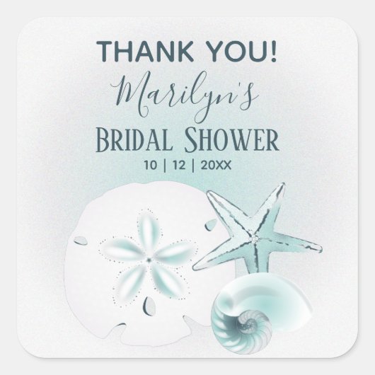 Moderne türkisfarbene Seashell Beach Wedding Quadratischer Aufkleber (Vorderseite)