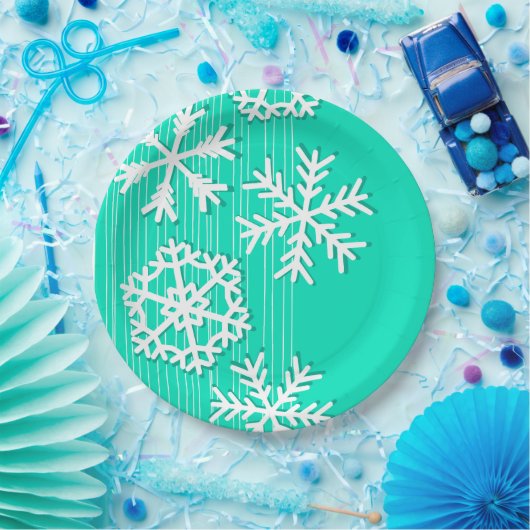 Moderne türkisfarbene und weiße Weihnachtsschneefl Pappteller (Party)