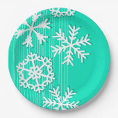 Moderne türkisfarbene und weiße Weihnachtsschneefl Pappteller (Vorderseite)
