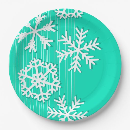 Moderne türkisfarbene und weiße Weihnachtsschneefl Pappteller (Vorderseite)