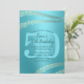 Moderne Turquoise & Gold Musik 50. Geburtstag Einladung (Stehend Vorderseite)