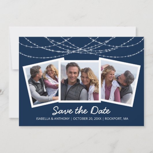 Moderne Twinkle-String-Lichter in Blau 3-Fotos Save The Date (Vorderseite)