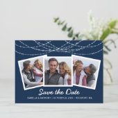 Moderne Twinkle-String-Lichter in Blau 3-Fotos Save The Date (Stehend Vorderseite)