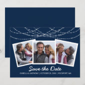 Moderne Twinkle-String-Lichter in Blau 3-Fotos Save The Date (Vorne/Hinten)