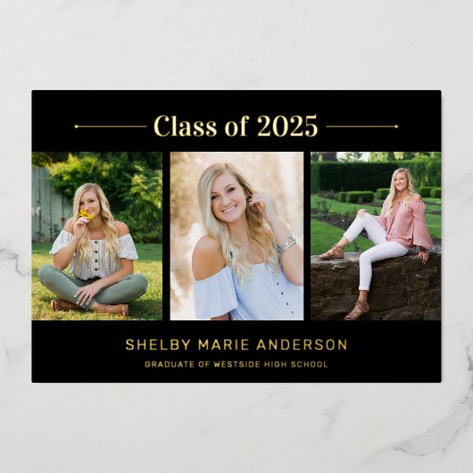 Moderne Typografie 3 Foto Black Graduation Party Folieneinladung (Vorderseite)