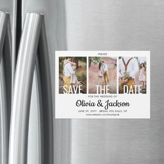 Moderne Typografie 3 Foto Wedding Save the Date Magneteinladung