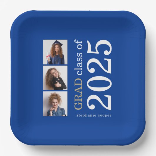 Moderne Typografie 3 Fotos Blue 2025 Abschluss Pappteller (Vorderseite)