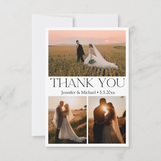 moderne Typografie 3 Fotos Collage Hochzeit Dankeskarte (Vorderseite)