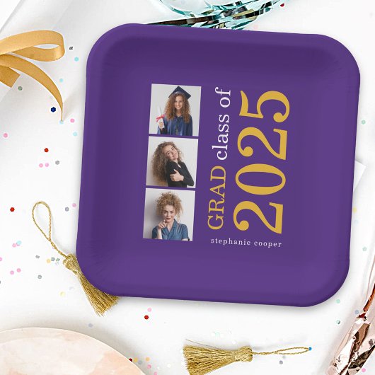 Moderne Typografie 3 Fotos Lila 2025 Abschluss Pappteller