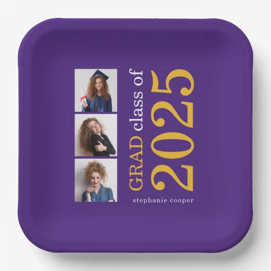 Moderne Typografie 3 Fotos Lila 2025 Abschluss Pappteller (Vorderseite)