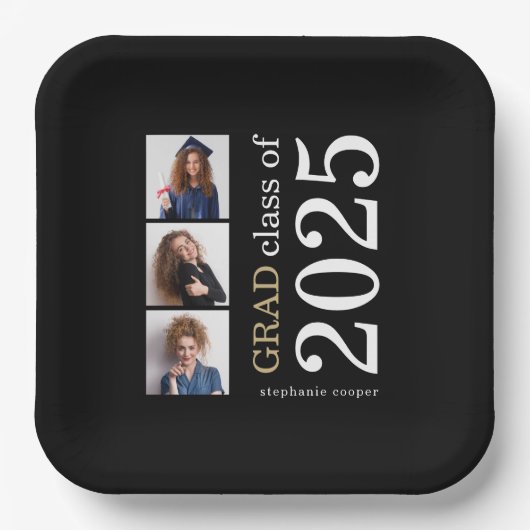 Moderne Typografie 3 Fotos Schwarz 2023 Abschluss Pappteller (Vorderseite)