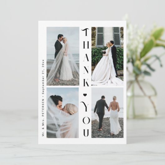 Moderne Typografie 4 Foto Hochzeit danke Karte (Stehend Vorderseite)