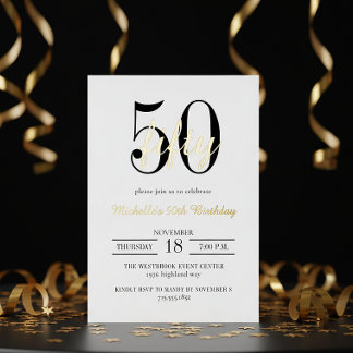 Moderne Typografie 50. Geburtstag Weiß Schwarz Gol Folieneinladung