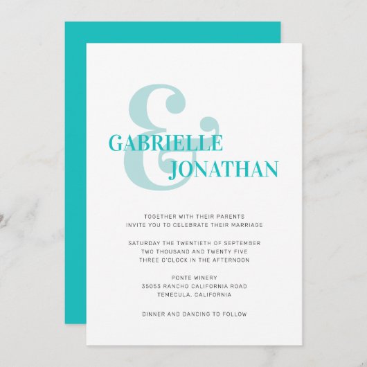 Moderne Typografie Aqua Wedding Einladung (Vorne/Hinten)