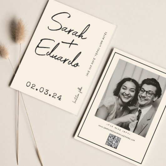 Moderne Typografie B&W Handwriter Foto Qr Code Save The Date