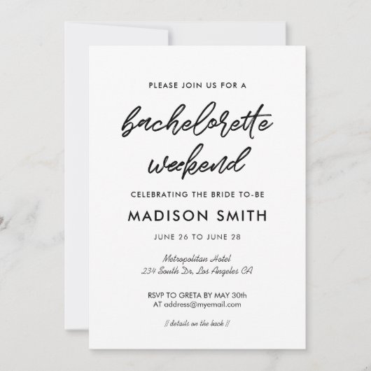 Moderne Typografie Bachelorette Weekend Party Einladung (Vorderseite)