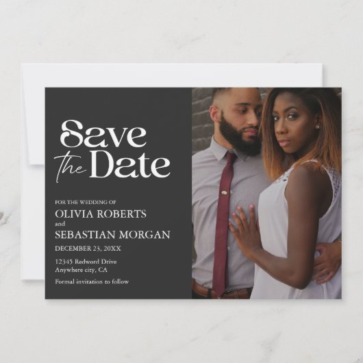 Moderne Typografie Black Foto Wedding Save The Date (Vorderseite)