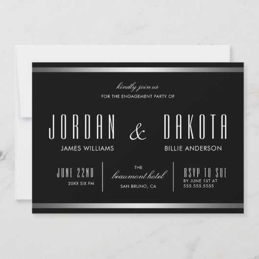 Moderne Typografie Black & Silver Engagement Party Einladung (Vorderseite)