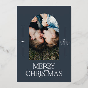 Moderne Typografie blau 1 Foto Weihnachten Folien Feiertagskarte