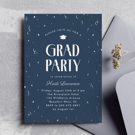 Moderne Typografie Blue and Silver Graduation Part Folieneinladung