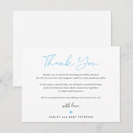 Moderne Typografie-Blue-Script-Boy-Babydusche Dankeskarte (Vorne/Hinten)