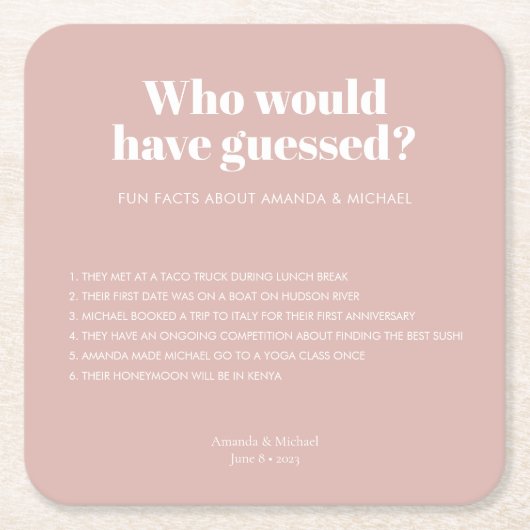 Moderne Typografie Blush Pink Hochzeitsspass Fakte Rechteckiger Pappuntersetzer (Vorderseite)