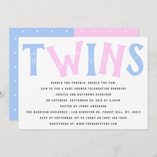 Moderne Typografie Boy & Girl Twins Kinderdusche Einladung (Vorne/Hinten)
