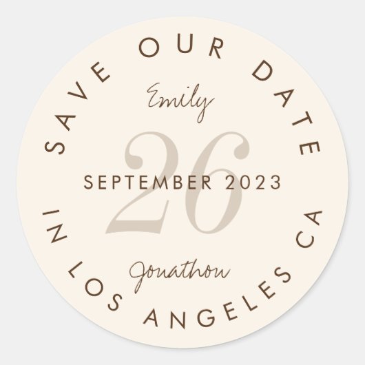 Moderne Typografie Brown Save the Date Runder Aufkleber (Vorderseite)
