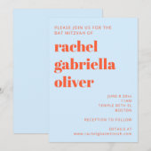 Moderne Typografie Cool Blau Orange Bat Mitzvah Einladung (Vorne/Hinten)