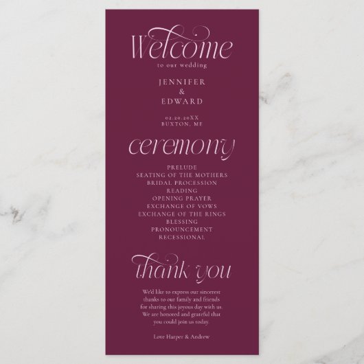 Moderne Typografie Cranberry Hochzeitsprogramm Programm (Vorderseite)