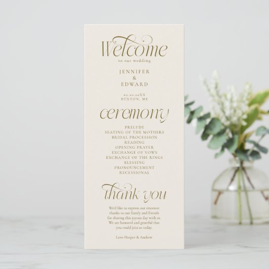 Moderne Typografie Creme-Hochzeitsprogramm Programm (Stehend Vorderseite)