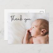 Moderne Typografie Danke für das Custom Baby Foto Ankündigungspostkarte (Vorne/Hinten)