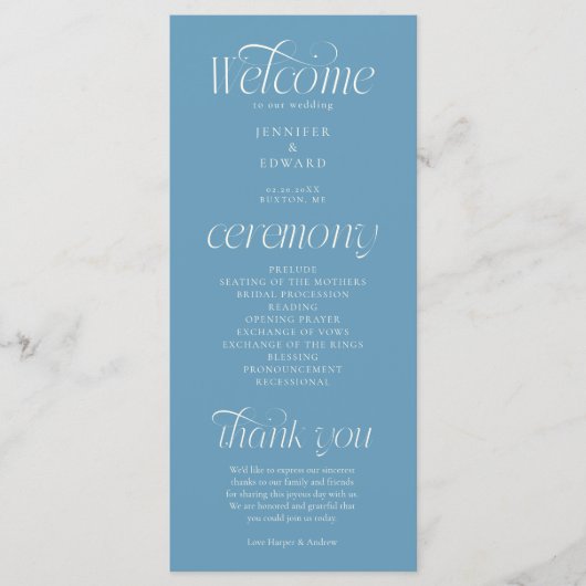Moderne Typografie Denim Blaues Hochzeitsprogramm Programm (Vorderseite)