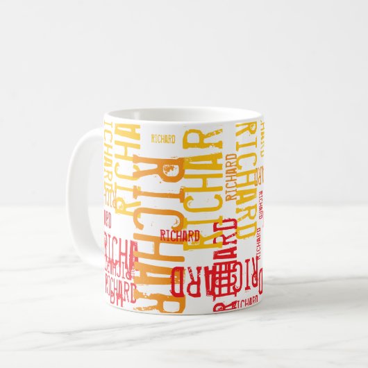 Moderne Typografie, die gelb-rot wiederholt Kaffeetasse (Vorderseite Links)
