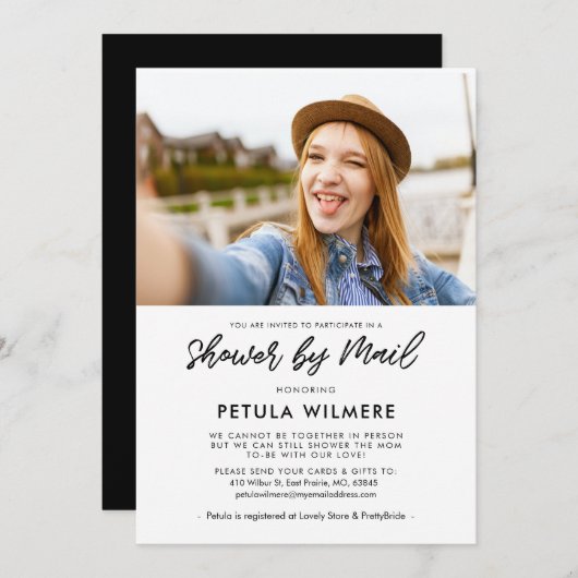 Moderne Typografie-Dusche per Post Foto Einladung (Vorne/Hinten)