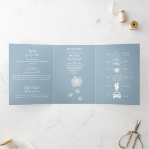 Moderne Typografie Dusty Blue Botanical Wedding Dreifach Gefaltete Einladung