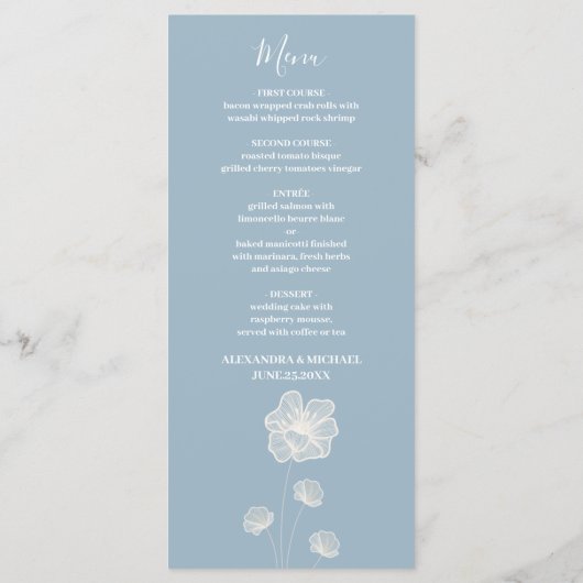 Moderne Typografie Dusty Blue Botanical Wedding Menükarte (Rückseite)