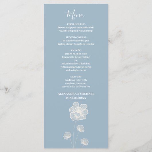 Moderne Typografie Dusty Blue Botanical Wedding Menükarte (Vorderseite)